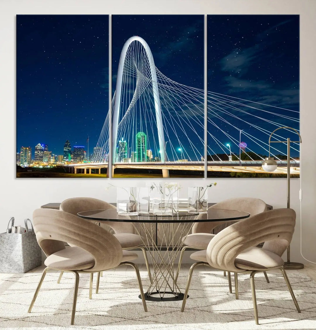 The living room features an eye-catching three-panel "Dallas City Bridge Lights Night Skyline Cityscape View Wall Art Canvas Print," beautifully presented on museum-quality canvas. Each piece is gallery wrapped and finished with a UV-protective coating to maintain its vibrant appeal.