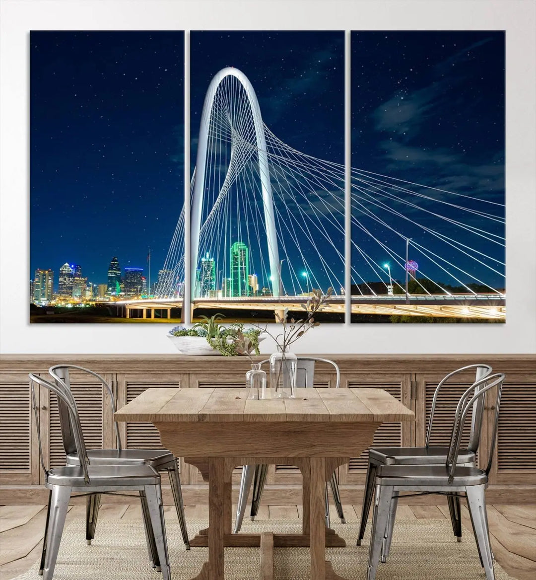 The living room features an eye-catching three-panel "Dallas City Bridge Lights Night Skyline Cityscape View Wall Art Canvas Print," beautifully presented on museum-quality canvas. Each piece is gallery wrapped and finished with a UV-protective coating to maintain its vibrant appeal.