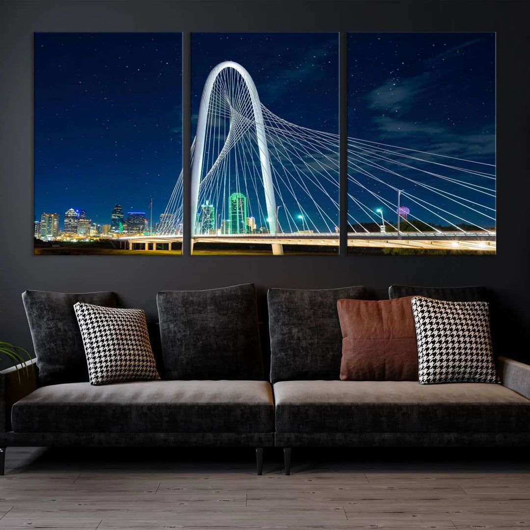 The living room features an eye-catching three-panel "Dallas City Bridge Lights Night Skyline Cityscape View Wall Art Canvas Print," beautifully presented on museum-quality canvas. Each piece is gallery wrapped and finished with a UV-protective coating to maintain its vibrant appeal.