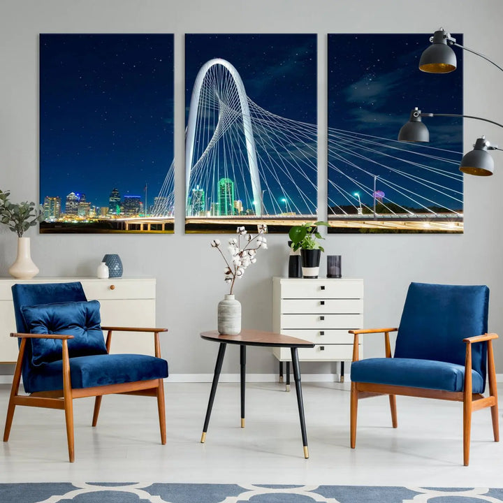 The living room features an eye-catching three-panel "Dallas City Bridge Lights Night Skyline Cityscape View Wall Art Canvas Print," beautifully presented on museum-quality canvas. Each piece is gallery wrapped and finished with a UV-protective coating to maintain its vibrant appeal.