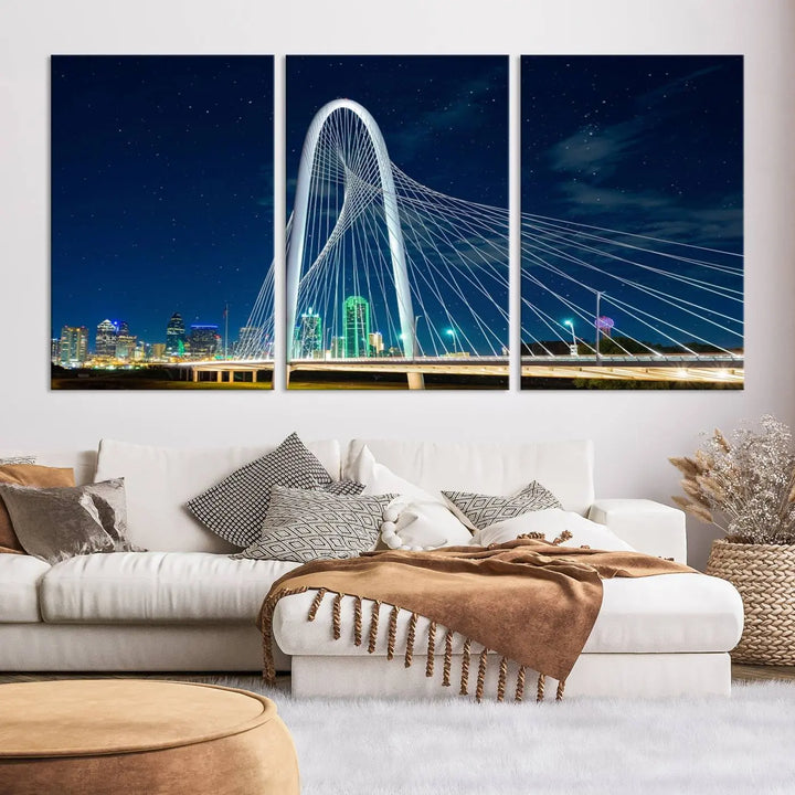 The living room features an eye-catching three-panel "Dallas City Bridge Lights Night Skyline Cityscape View Wall Art Canvas Print," beautifully presented on museum-quality canvas. Each piece is gallery wrapped and finished with a UV-protective coating to maintain its vibrant appeal.