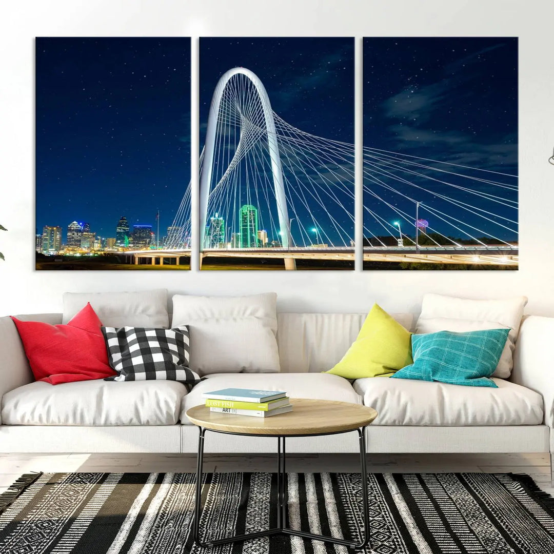 The living room features an eye-catching three-panel "Dallas City Bridge Lights Night Skyline Cityscape View Wall Art Canvas Print," beautifully presented on museum-quality canvas. Each piece is gallery wrapped and finished with a UV-protective coating to maintain its vibrant appeal.