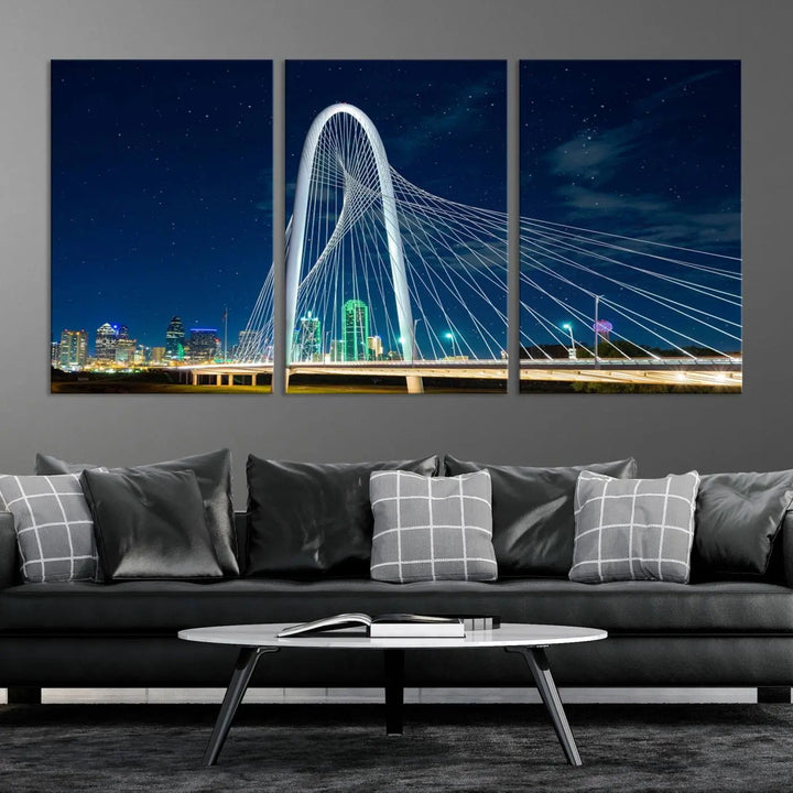 The living room features an eye-catching three-panel "Dallas City Bridge Lights Night Skyline Cityscape View Wall Art Canvas Print," beautifully presented on museum-quality canvas. Each piece is gallery wrapped and finished with a UV-protective coating to maintain its vibrant appeal.