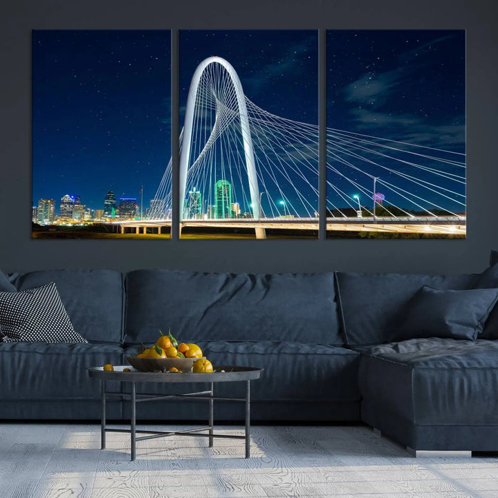 The living room features an eye-catching three-panel "Dallas City Bridge Lights Night Skyline Cityscape View Wall Art Canvas Print," beautifully presented on museum-quality canvas. Each piece is gallery wrapped and finished with a UV-protective coating to maintain its vibrant appeal.