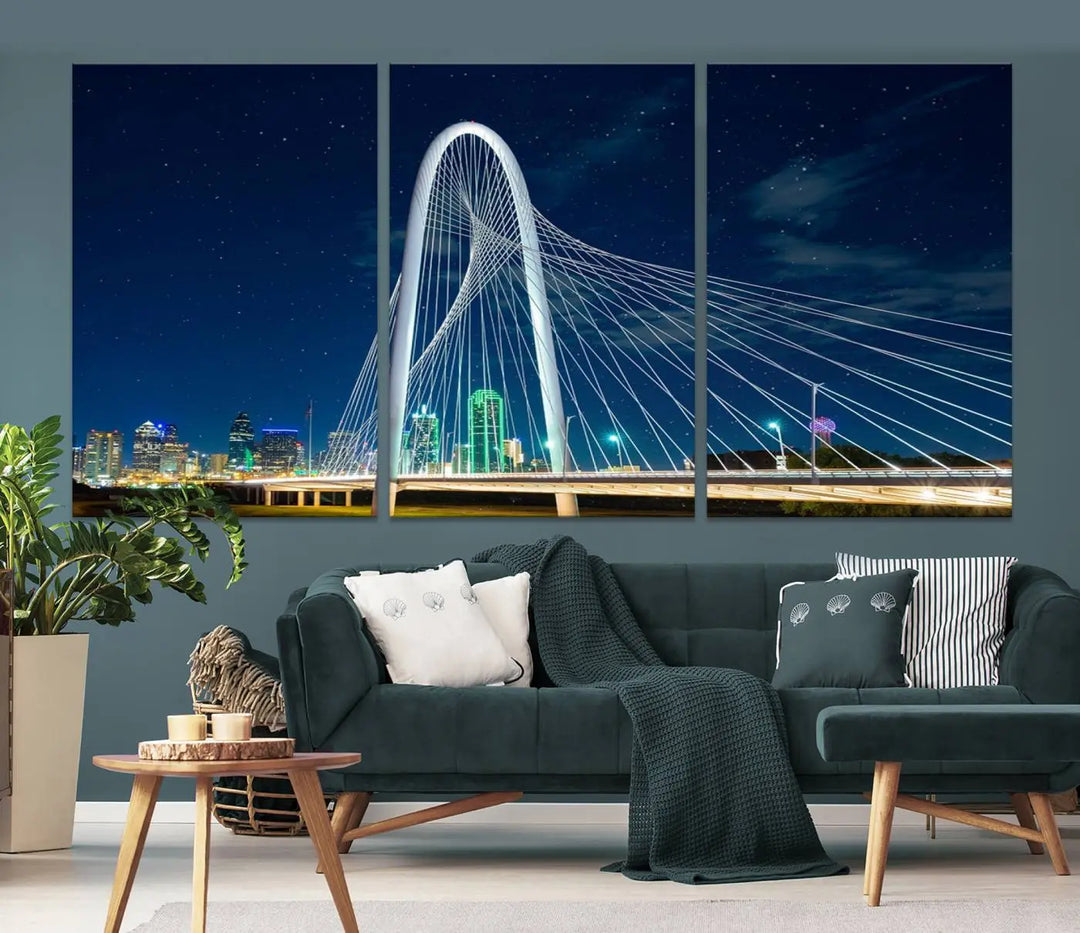 The living room features an eye-catching three-panel "Dallas City Bridge Lights Night Skyline Cityscape View Wall Art Canvas Print," beautifully presented on museum-quality canvas. Each piece is gallery wrapped and finished with a UV-protective coating to maintain its vibrant appeal.