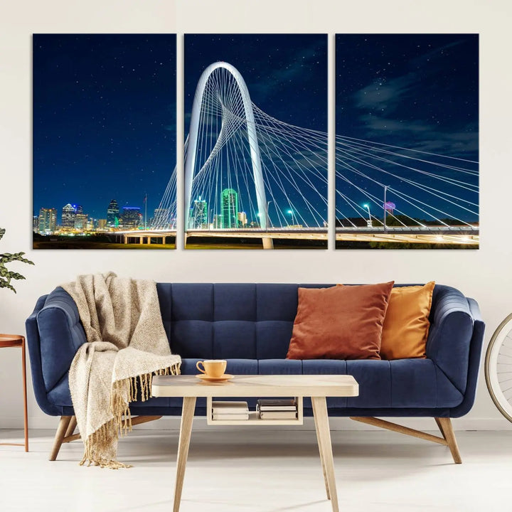 The living room features an eye-catching three-panel "Dallas City Bridge Lights Night Skyline Cityscape View Wall Art Canvas Print," beautifully presented on museum-quality canvas. Each piece is gallery wrapped and finished with a UV-protective coating to maintain its vibrant appeal.