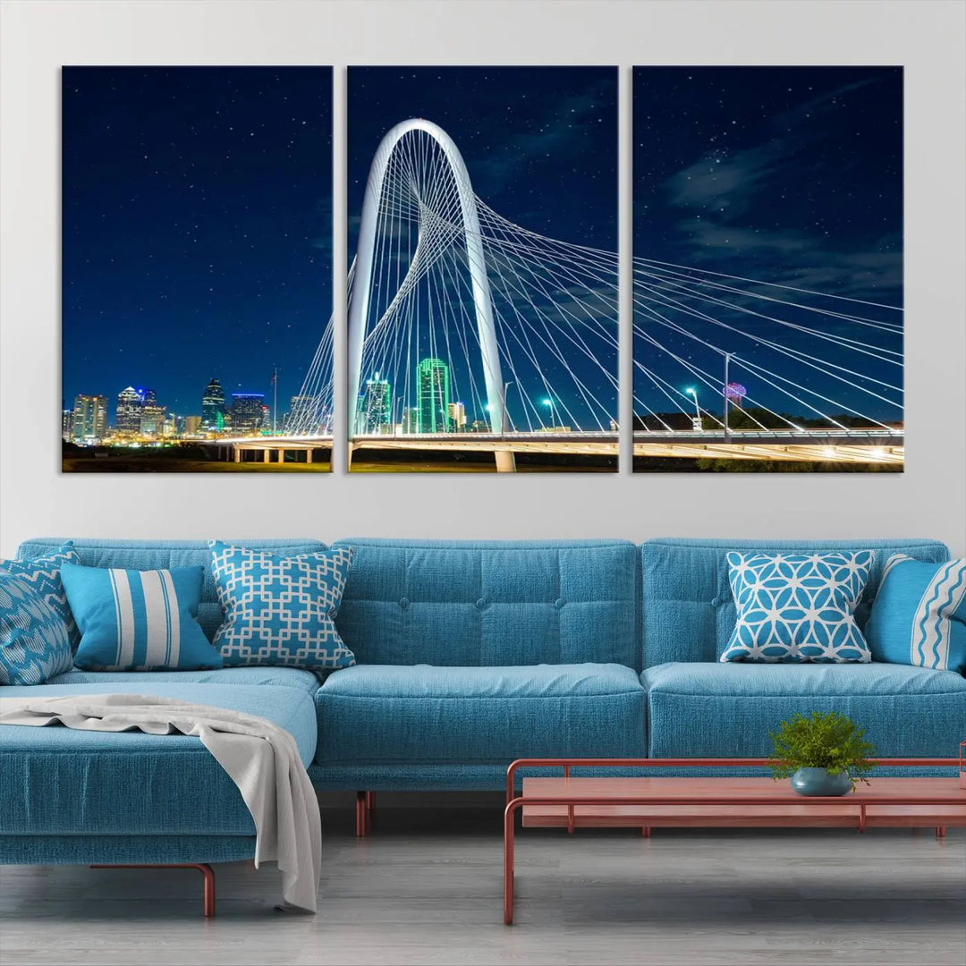 The living room features an eye-catching three-panel "Dallas City Bridge Lights Night Skyline Cityscape View Wall Art Canvas Print," beautifully presented on museum-quality canvas. Each piece is gallery wrapped and finished with a UV-protective coating to maintain its vibrant appeal.