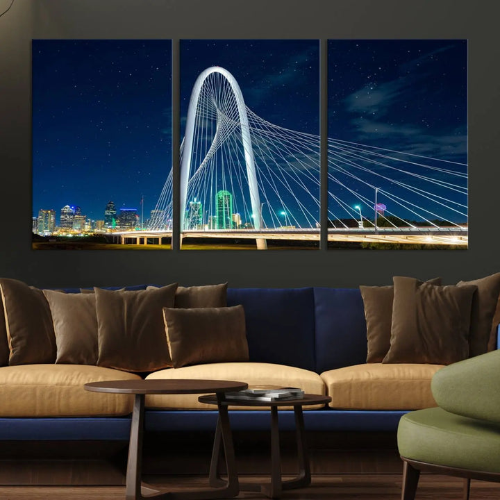 The living room features an eye-catching three-panel "Dallas City Bridge Lights Night Skyline Cityscape View Wall Art Canvas Print," beautifully presented on museum-quality canvas. Each piece is gallery wrapped and finished with a UV-protective coating to maintain its vibrant appeal.