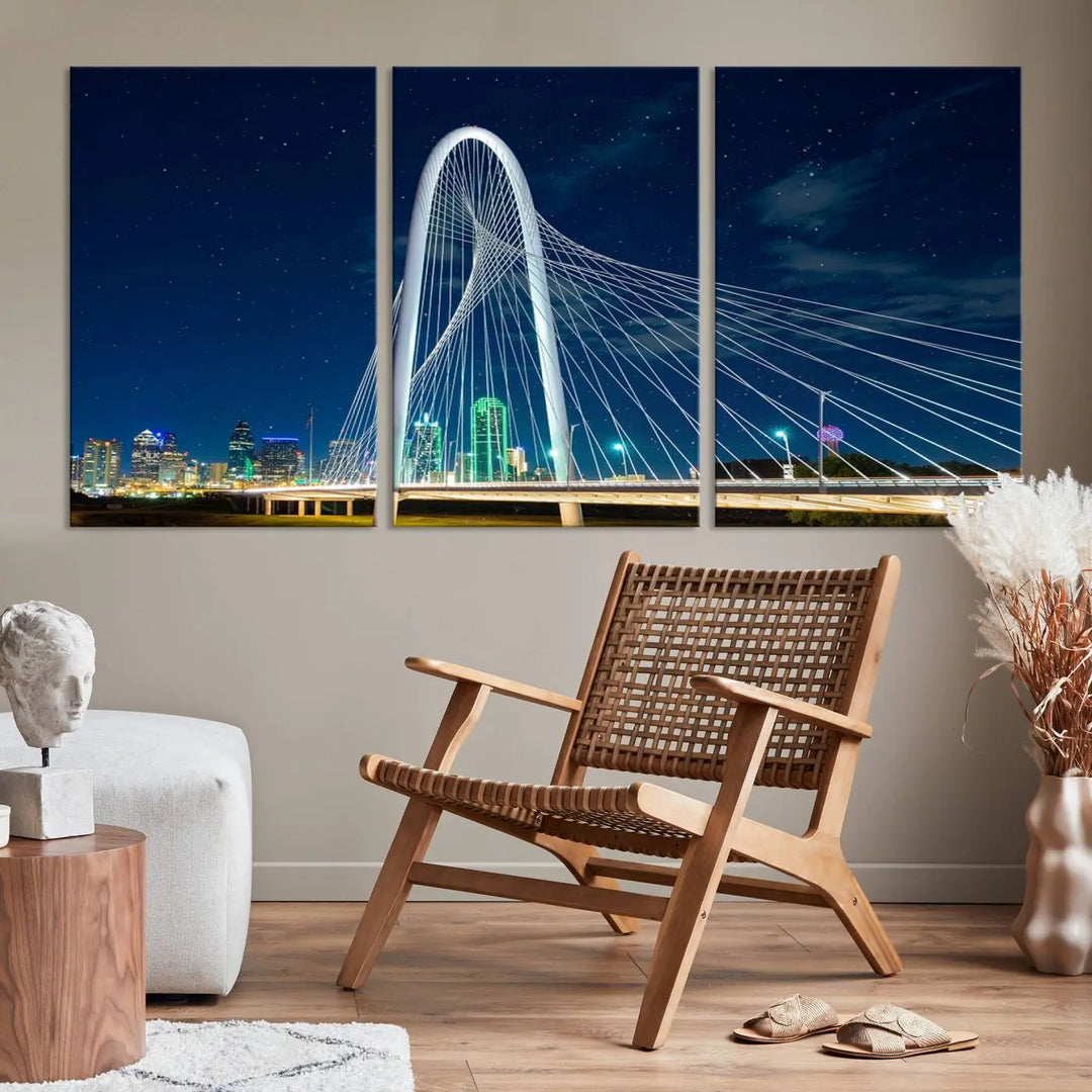 The living room features an eye-catching three-panel "Dallas City Bridge Lights Night Skyline Cityscape View Wall Art Canvas Print," beautifully presented on museum-quality canvas. Each piece is gallery wrapped and finished with a UV-protective coating to maintain its vibrant appeal.