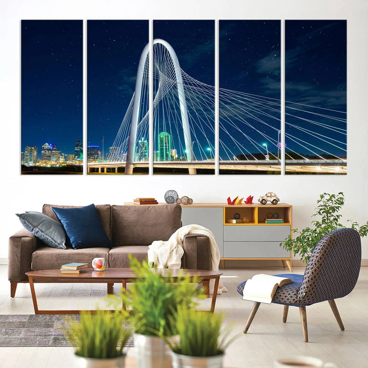 The living room features an eye-catching three-panel "Dallas City Bridge Lights Night Skyline Cityscape View Wall Art Canvas Print," beautifully presented on museum-quality canvas. Each piece is gallery wrapped and finished with a UV-protective coating to maintain its vibrant appeal.