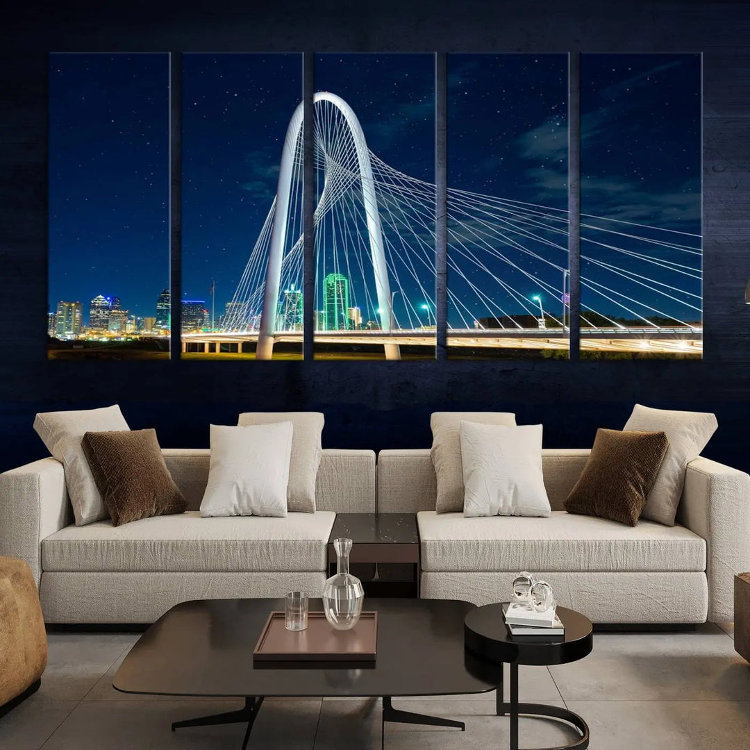 The living room features an eye-catching three-panel "Dallas City Bridge Lights Night Skyline Cityscape View Wall Art Canvas Print," beautifully presented on museum-quality canvas. Each piece is gallery wrapped and finished with a UV-protective coating to maintain its vibrant appeal.