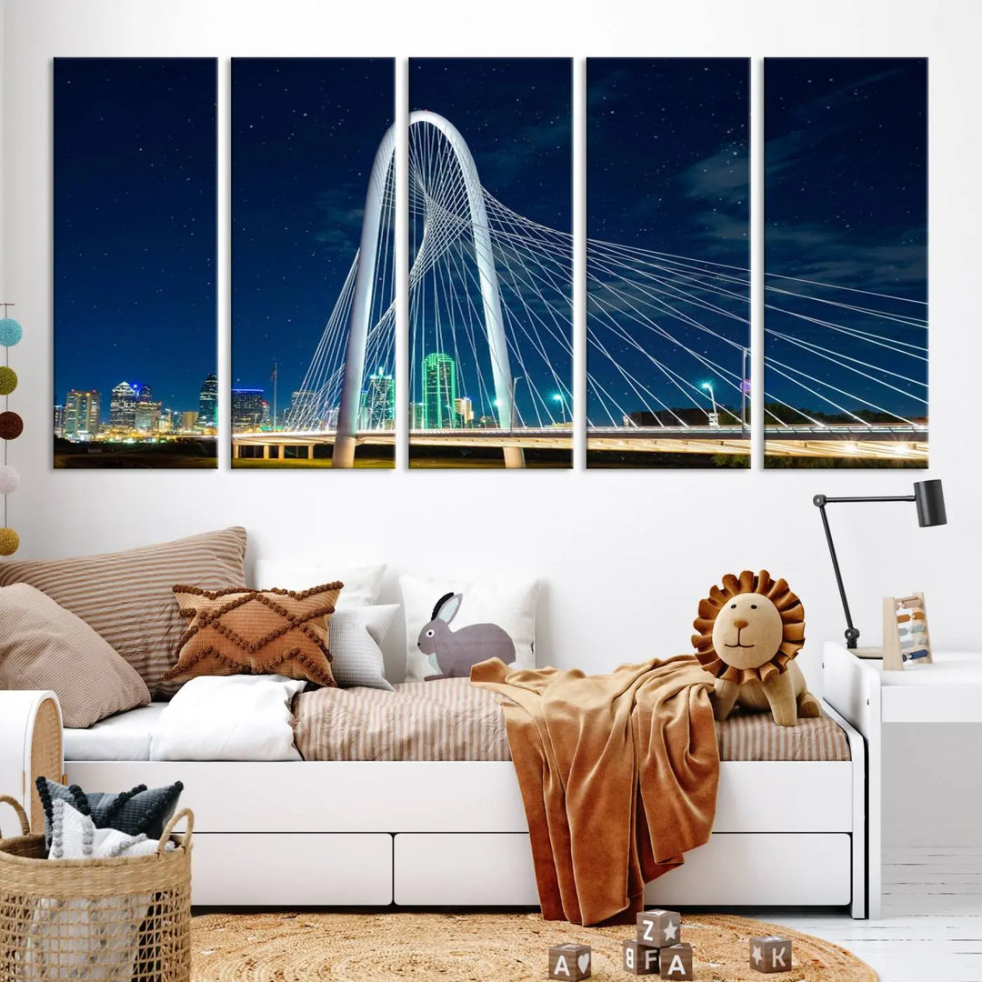 The living room features an eye-catching three-panel "Dallas City Bridge Lights Night Skyline Cityscape View Wall Art Canvas Print," beautifully presented on museum-quality canvas. Each piece is gallery wrapped and finished with a UV-protective coating to maintain its vibrant appeal.