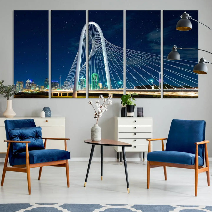 The living room features an eye-catching three-panel "Dallas City Bridge Lights Night Skyline Cityscape View Wall Art Canvas Print," beautifully presented on museum-quality canvas. Each piece is gallery wrapped and finished with a UV-protective coating to maintain its vibrant appeal.