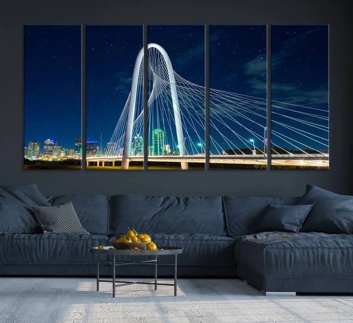 The living room features an eye-catching three-panel "Dallas City Bridge Lights Night Skyline Cityscape View Wall Art Canvas Print," beautifully presented on museum-quality canvas. Each piece is gallery wrapped and finished with a UV-protective coating to maintain its vibrant appeal.