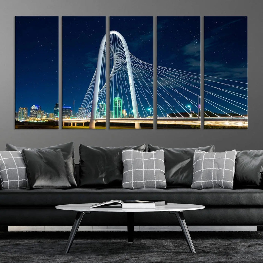 The living room features an eye-catching three-panel "Dallas City Bridge Lights Night Skyline Cityscape View Wall Art Canvas Print," beautifully presented on museum-quality canvas. Each piece is gallery wrapped and finished with a UV-protective coating to maintain its vibrant appeal.