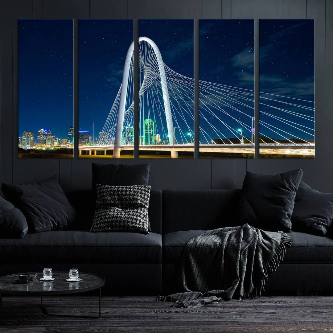 The living room features an eye-catching three-panel "Dallas City Bridge Lights Night Skyline Cityscape View Wall Art Canvas Print," beautifully presented on museum-quality canvas. Each piece is gallery wrapped and finished with a UV-protective coating to maintain its vibrant appeal.