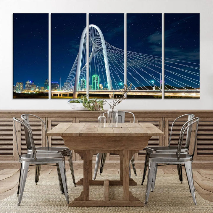 The living room features an eye-catching three-panel "Dallas City Bridge Lights Night Skyline Cityscape View Wall Art Canvas Print," beautifully presented on museum-quality canvas. Each piece is gallery wrapped and finished with a UV-protective coating to maintain its vibrant appeal.