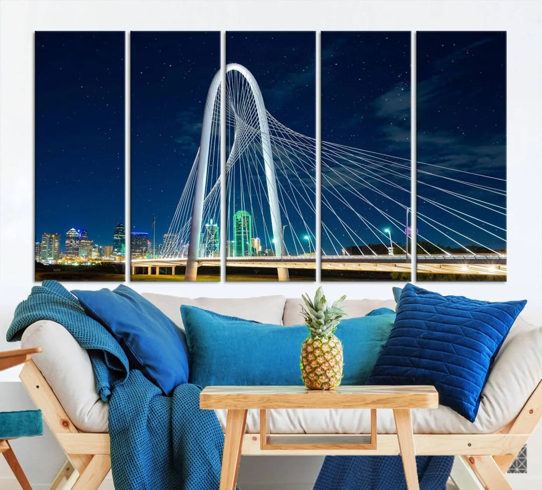 The living room features an eye-catching three-panel "Dallas City Bridge Lights Night Skyline Cityscape View Wall Art Canvas Print," beautifully presented on museum-quality canvas. Each piece is gallery wrapped and finished with a UV-protective coating to maintain its vibrant appeal.