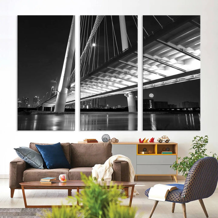 The modern living room features the museum-quality "Dallas City Bridge Lights Skyline Black and White Wall Art Cityscape Canvas Print," elegantly displayed on gallery-wrapped canvas.