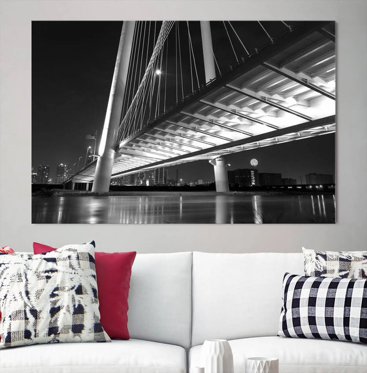 The modern living room features the museum-quality "Dallas City Bridge Lights Skyline Black and White Wall Art Cityscape Canvas Print," elegantly displayed on gallery-wrapped canvas.