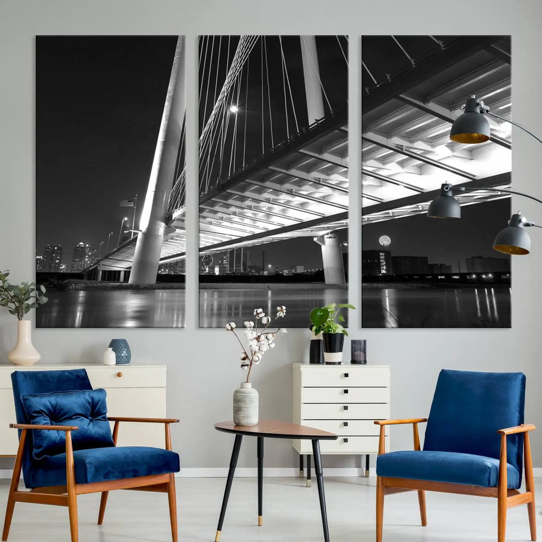 The modern living room features the museum-quality "Dallas City Bridge Lights Skyline Black and White Wall Art Cityscape Canvas Print," elegantly displayed on gallery-wrapped canvas.