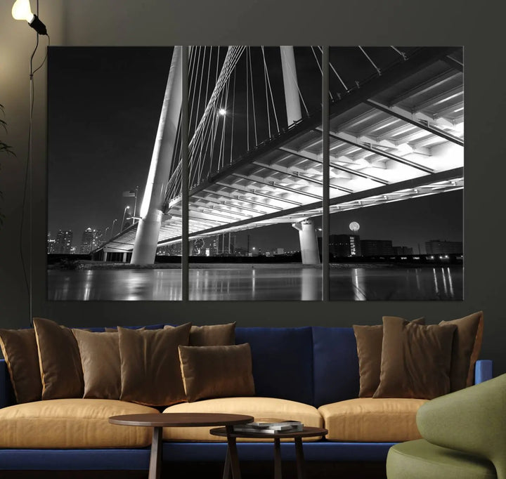 The modern living room features the museum-quality "Dallas City Bridge Lights Skyline Black and White Wall Art Cityscape Canvas Print," elegantly displayed on gallery-wrapped canvas.