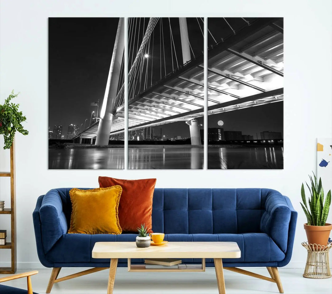 The modern living room features the museum-quality "Dallas City Bridge Lights Skyline Black and White Wall Art Cityscape Canvas Print," elegantly displayed on gallery-wrapped canvas.