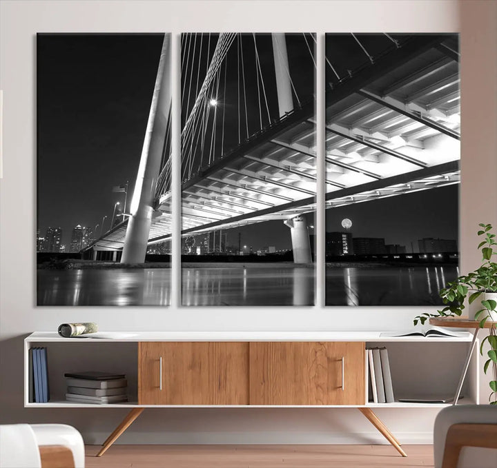 The modern living room features the museum-quality "Dallas City Bridge Lights Skyline Black and White Wall Art Cityscape Canvas Print," elegantly displayed on gallery-wrapped canvas.