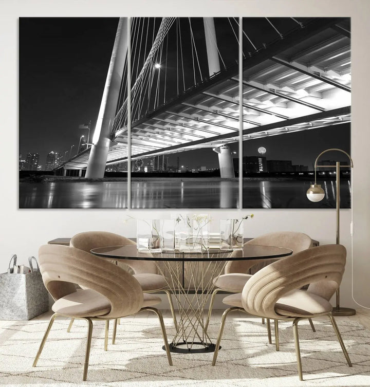 The modern living room features the museum-quality "Dallas City Bridge Lights Skyline Black and White Wall Art Cityscape Canvas Print," elegantly displayed on gallery-wrapped canvas.