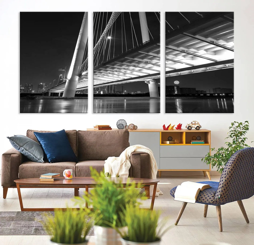 The modern living room features the museum-quality "Dallas City Bridge Lights Skyline Black and White Wall Art Cityscape Canvas Print," elegantly displayed on gallery-wrapped canvas.