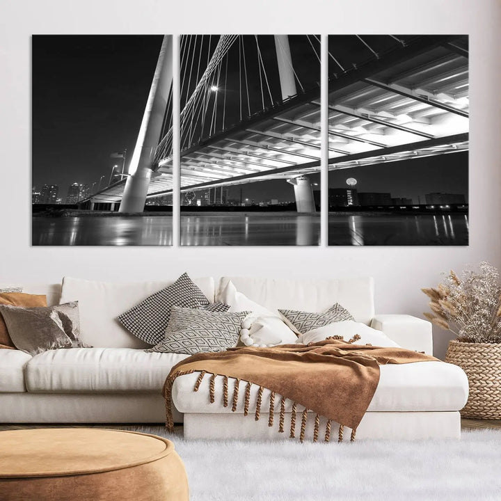 The modern living room features the museum-quality "Dallas City Bridge Lights Skyline Black and White Wall Art Cityscape Canvas Print," elegantly displayed on gallery-wrapped canvas.