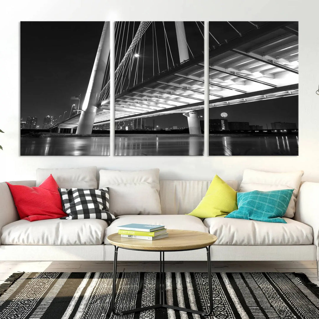 The modern living room features the museum-quality "Dallas City Bridge Lights Skyline Black and White Wall Art Cityscape Canvas Print," elegantly displayed on gallery-wrapped canvas.