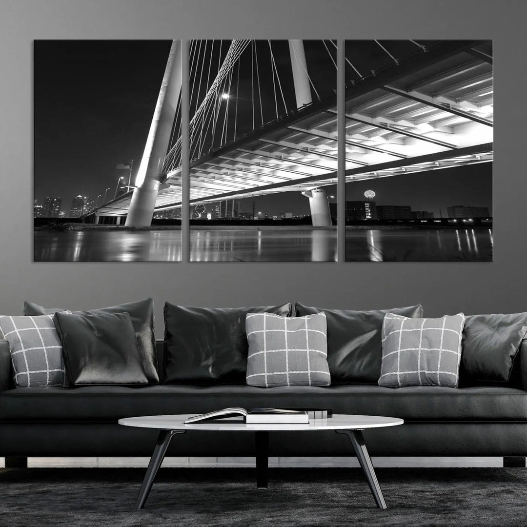 The modern living room features the museum-quality "Dallas City Bridge Lights Skyline Black and White Wall Art Cityscape Canvas Print," elegantly displayed on gallery-wrapped canvas.