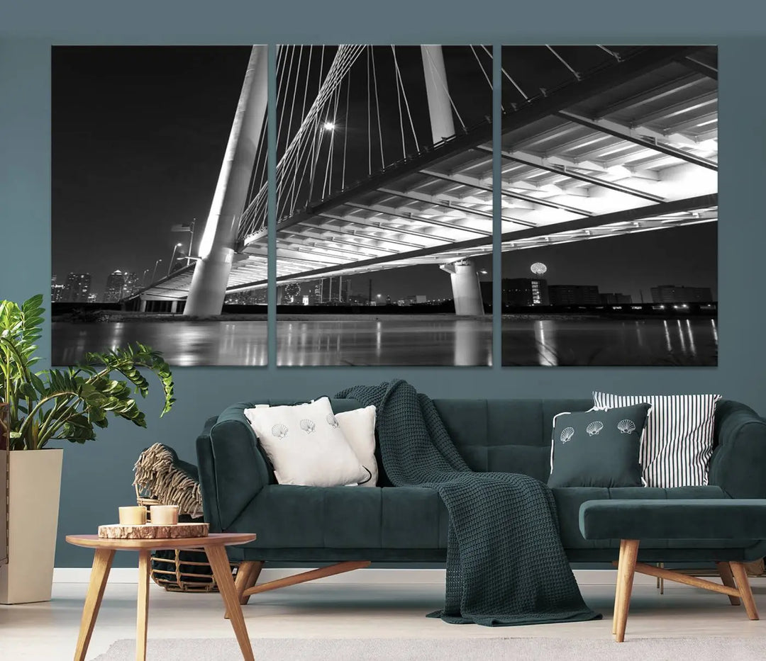 The modern living room features the museum-quality "Dallas City Bridge Lights Skyline Black and White Wall Art Cityscape Canvas Print," elegantly displayed on gallery-wrapped canvas.