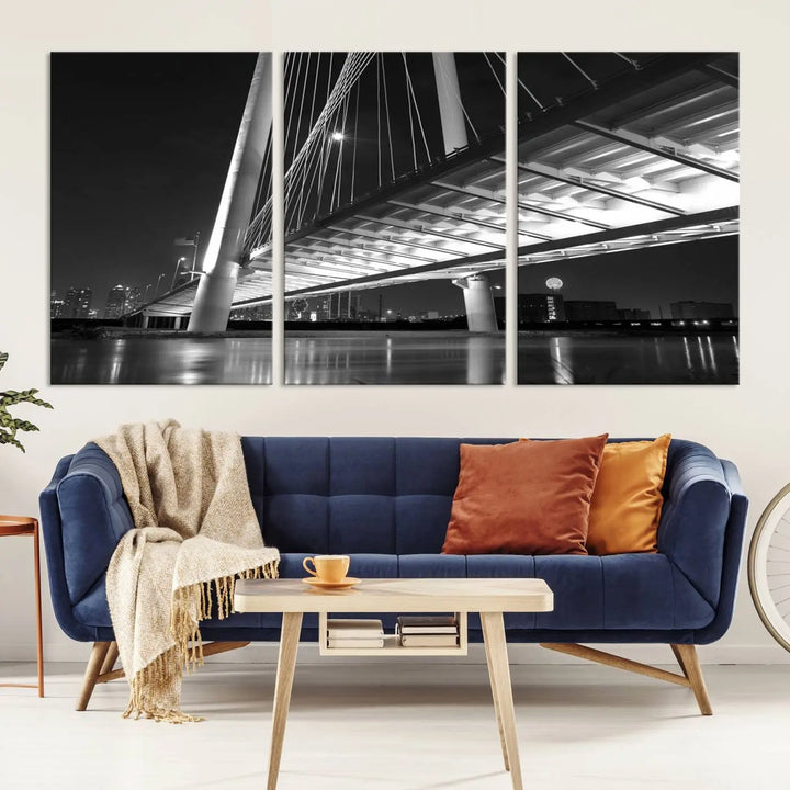 The modern living room features the museum-quality "Dallas City Bridge Lights Skyline Black and White Wall Art Cityscape Canvas Print," elegantly displayed on gallery-wrapped canvas.