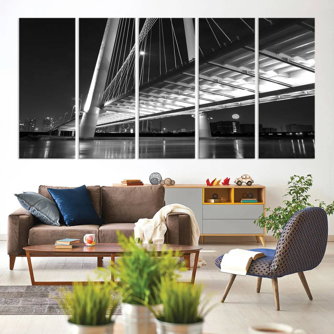 The modern living room features the museum-quality "Dallas City Bridge Lights Skyline Black and White Wall Art Cityscape Canvas Print," elegantly displayed on gallery-wrapped canvas.