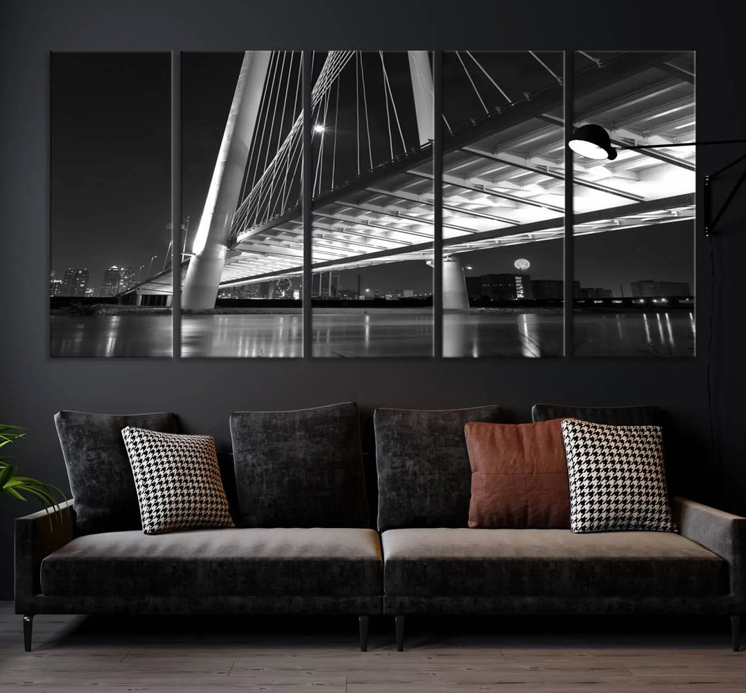 The modern living room features the museum-quality "Dallas City Bridge Lights Skyline Black and White Wall Art Cityscape Canvas Print," elegantly displayed on gallery-wrapped canvas.