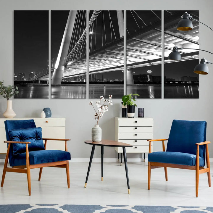 The modern living room features the museum-quality "Dallas City Bridge Lights Skyline Black and White Wall Art Cityscape Canvas Print," elegantly displayed on gallery-wrapped canvas.