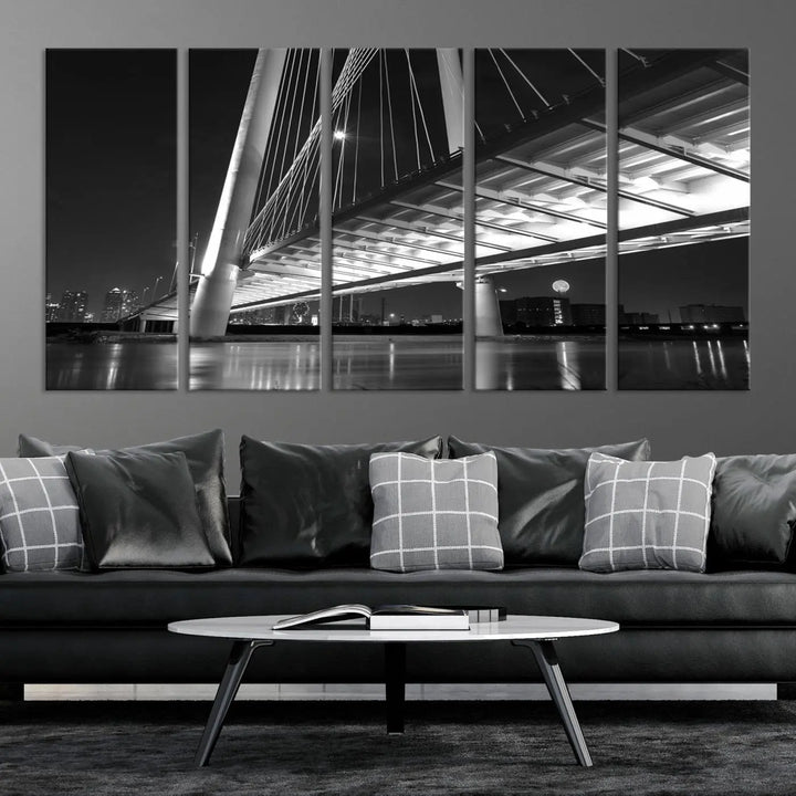 The modern living room features the museum-quality "Dallas City Bridge Lights Skyline Black and White Wall Art Cityscape Canvas Print," elegantly displayed on gallery-wrapped canvas.