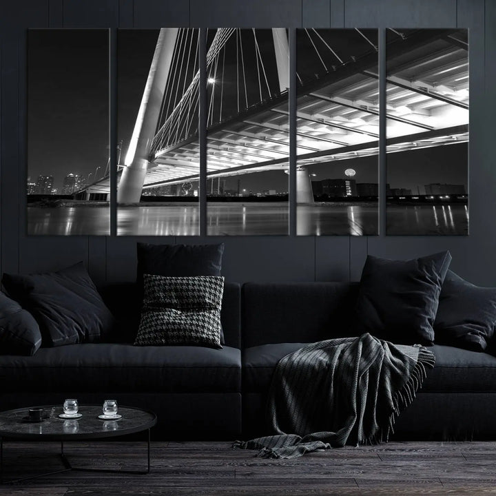 The modern living room features the museum-quality "Dallas City Bridge Lights Skyline Black and White Wall Art Cityscape Canvas Print," elegantly displayed on gallery-wrapped canvas.