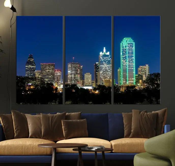 The Dallas City Lights Night Blue Skyline Cityscape View Wall Art Canvas Print, displayed as a triptych on museum-quality canvas with UV-protective coating, features illuminated buildings.