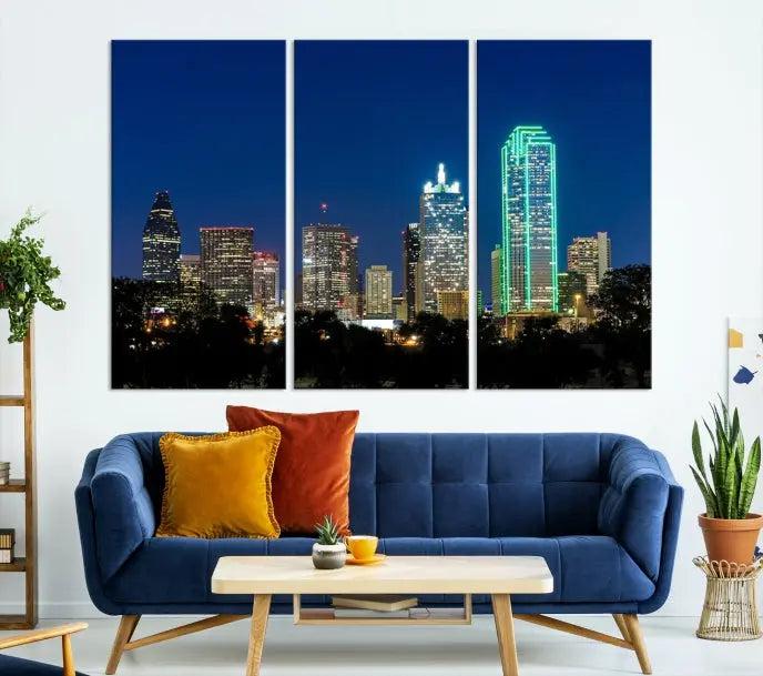 The Dallas City Lights Night Blue Skyline Cityscape View Wall Art Canvas Print, displayed as a triptych on museum-quality canvas with UV-protective coating, features illuminated buildings.