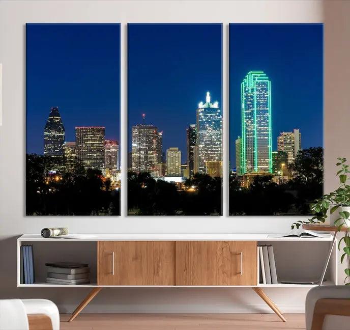 Dallas City Lights Night Blue Skyline Cityscape View Wall Art Canvas Print 