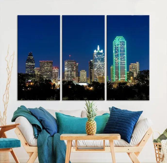 The Dallas City Lights Night Blue Skyline Cityscape View Wall Art Canvas Print, displayed as a triptych on museum-quality canvas with UV-protective coating, features illuminated buildings.