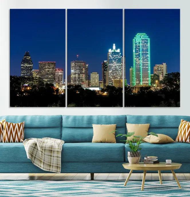 The Dallas City Lights Night Blue Skyline Cityscape View Wall Art Canvas Print, displayed as a triptych on museum-quality canvas with UV-protective coating, features illuminated buildings.