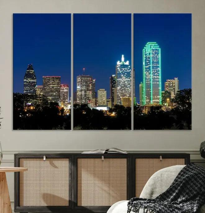 The Dallas City Lights Night Blue Skyline Cityscape View Wall Art Canvas Print, displayed as a triptych on museum-quality canvas with UV-protective coating, features illuminated buildings.