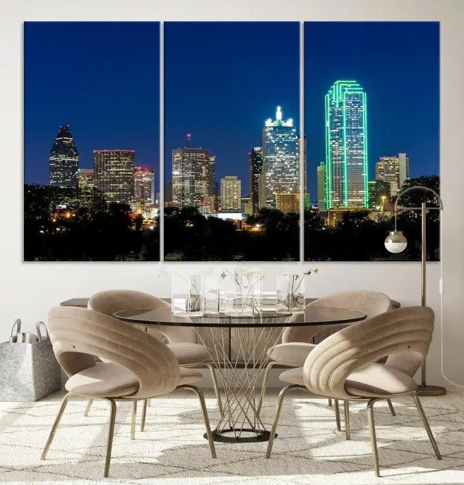 The Dallas City Lights Night Blue Skyline Cityscape View Wall Art Canvas Print, displayed as a triptych on museum-quality canvas with UV-protective coating, features illuminated buildings.