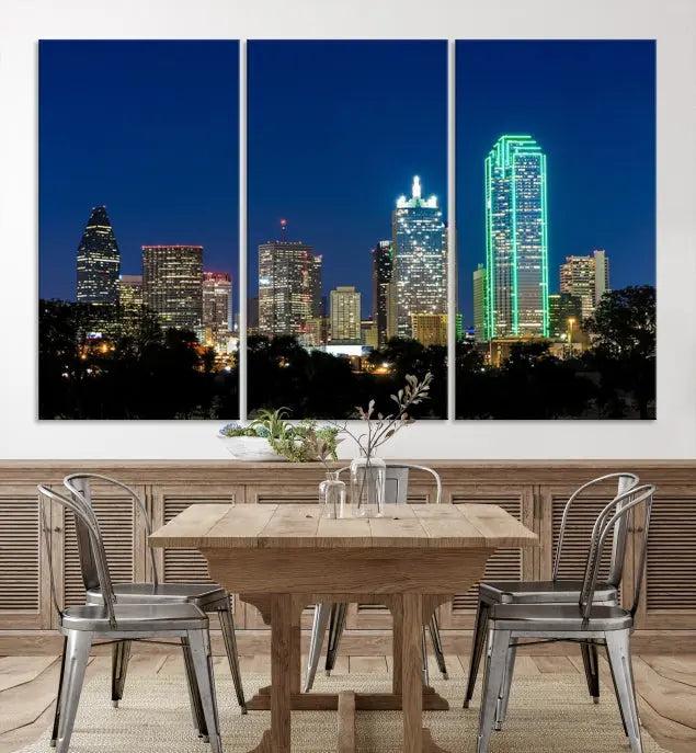 The Dallas City Lights Night Blue Skyline Cityscape View Wall Art Canvas Print, displayed as a triptych on museum-quality canvas with UV-protective coating, features illuminated buildings.