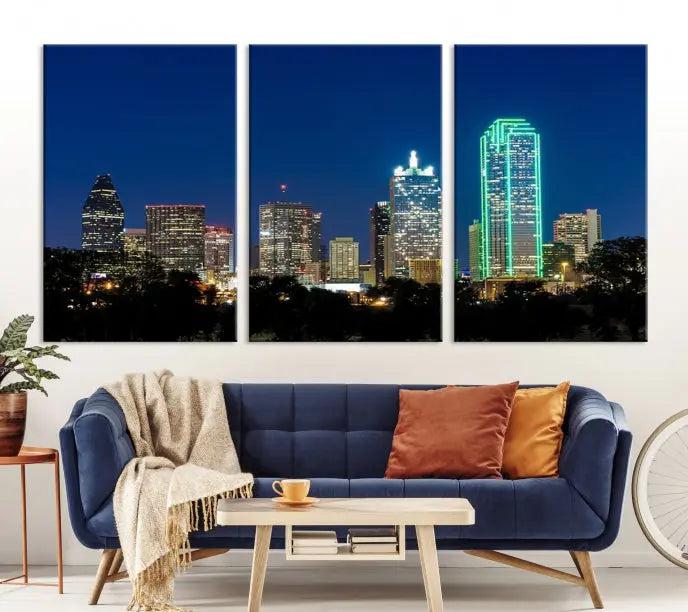 The Dallas City Lights Night Blue Skyline Cityscape View Wall Art Canvas Print, displayed as a triptych on museum-quality canvas with UV-protective coating, features illuminated buildings.