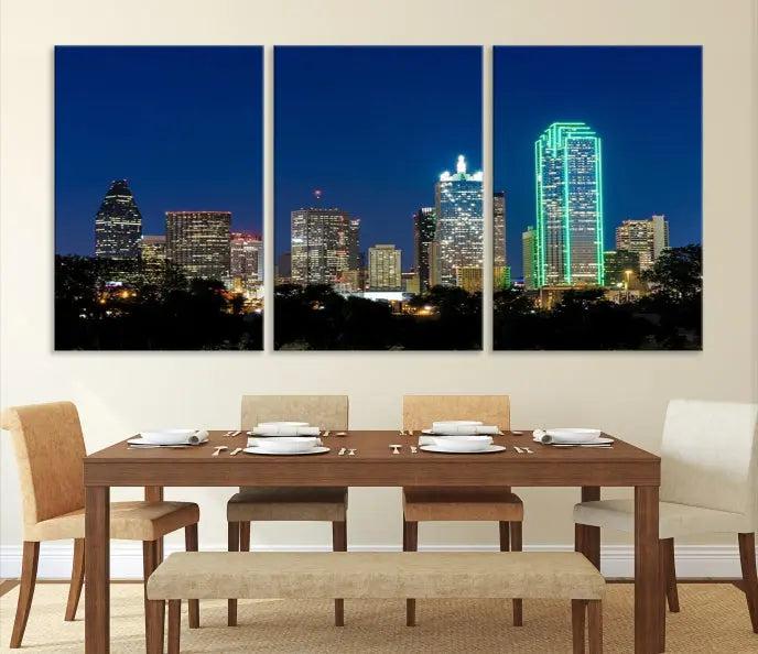 The Dallas City Lights Night Blue Skyline Cityscape View Wall Art Canvas Print, displayed as a triptych on museum-quality canvas with UV-protective coating, features illuminated buildings.